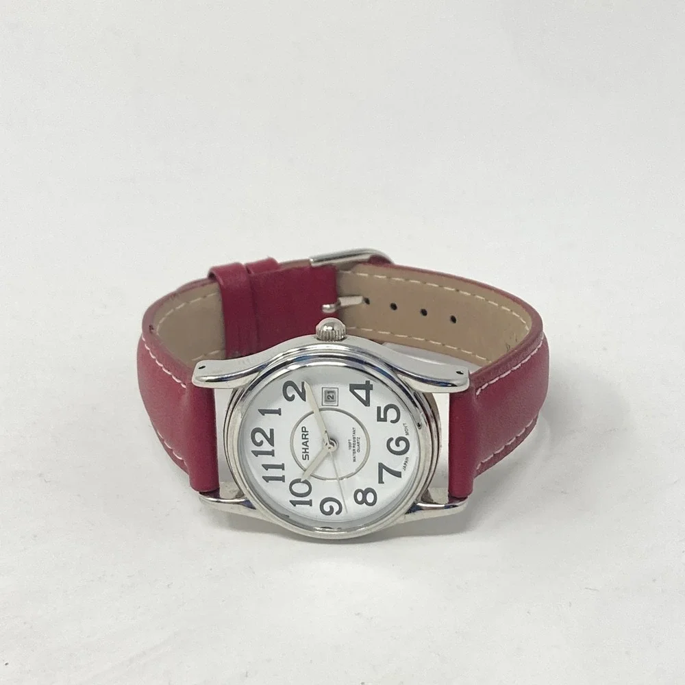 Sharp Womens Easy Reader Watch 29mm Silver Tone Date Red Leather 30M New Battery